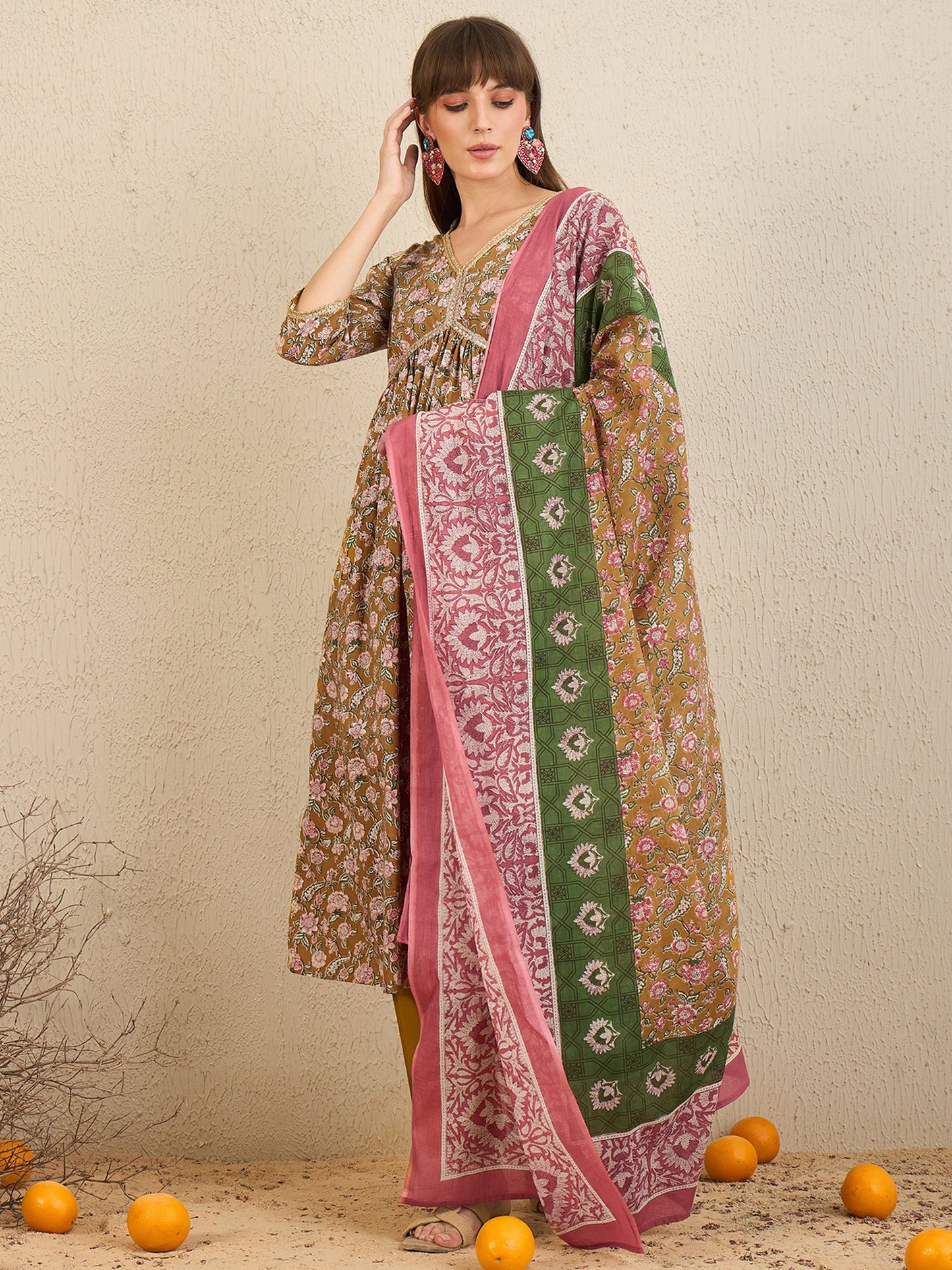 Indo Era Green Printed A-Line Kurta Trousers With Dupatta Set