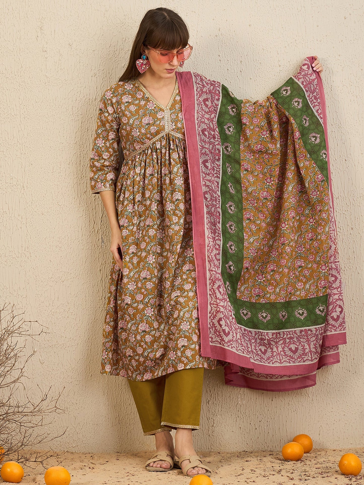 Indo Era Green Printed A-Line Kurta Trousers With Dupatta Set