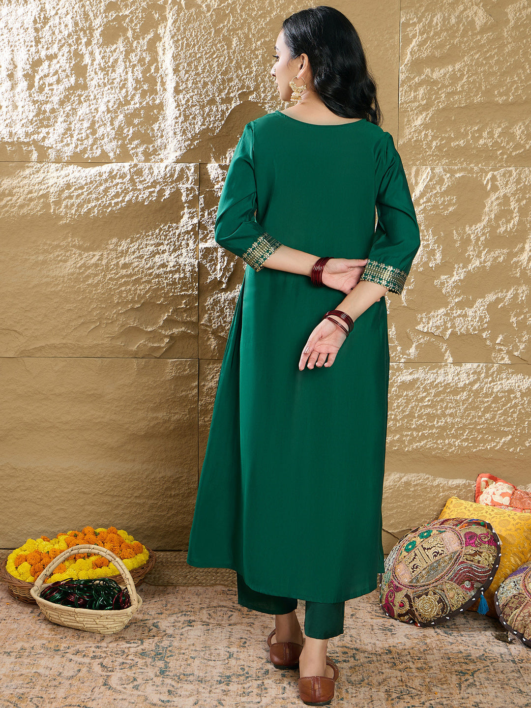Indo Era Green Yoke Design A-Line Kurtas