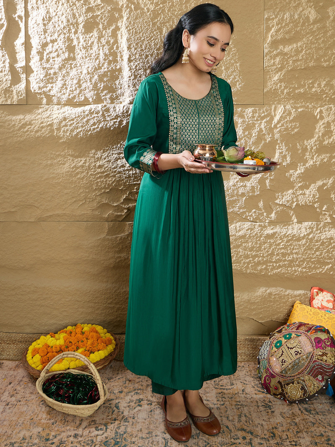 Indo Era Green Yoke Design A-Line Kurtas