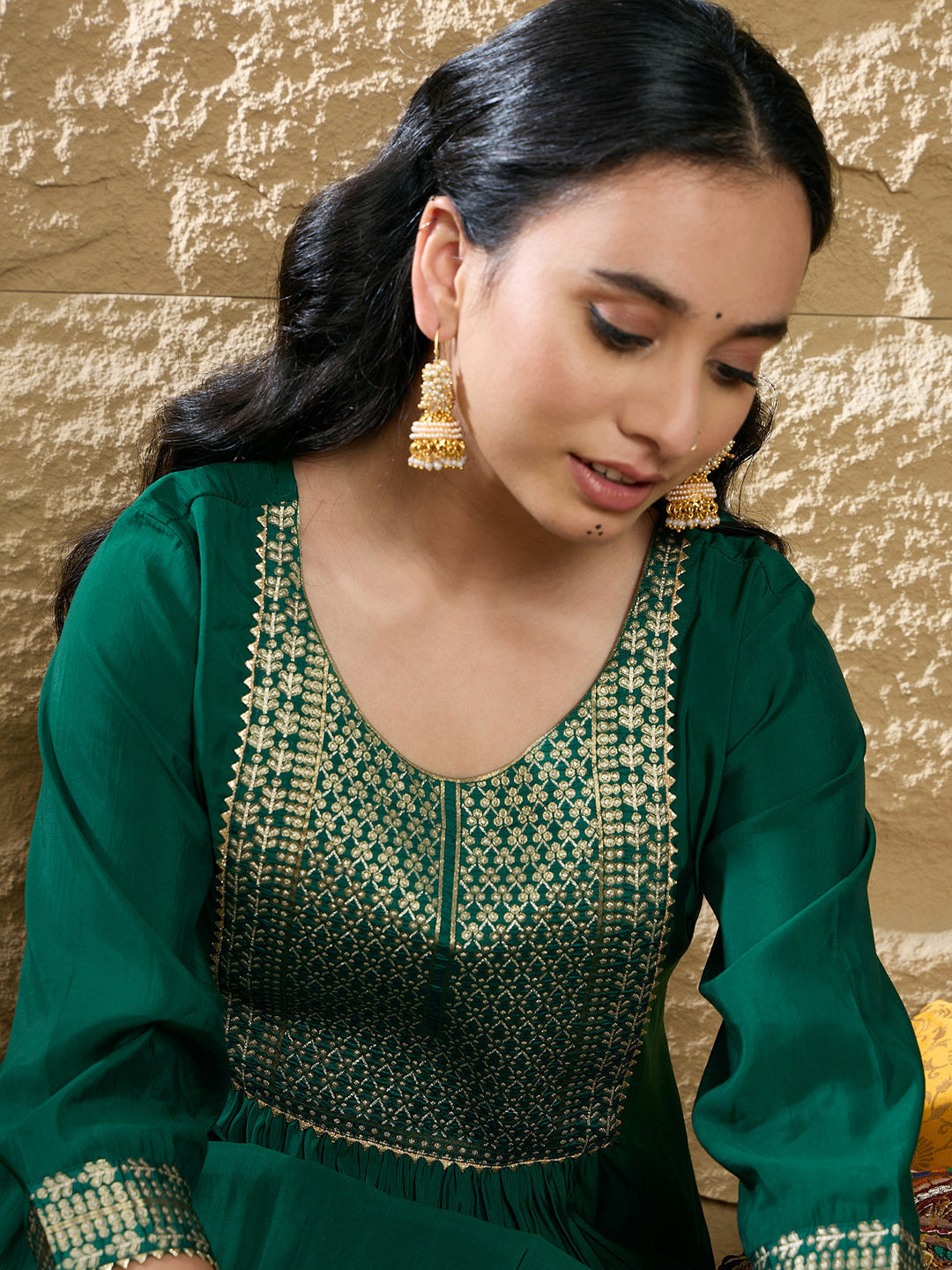 Indo Era Green Yoke Design A-Line Kurtas