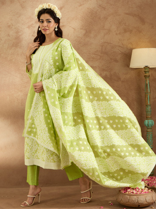 Indo Era Green Woven Design Straight Kurta Trousers With Dupatta set