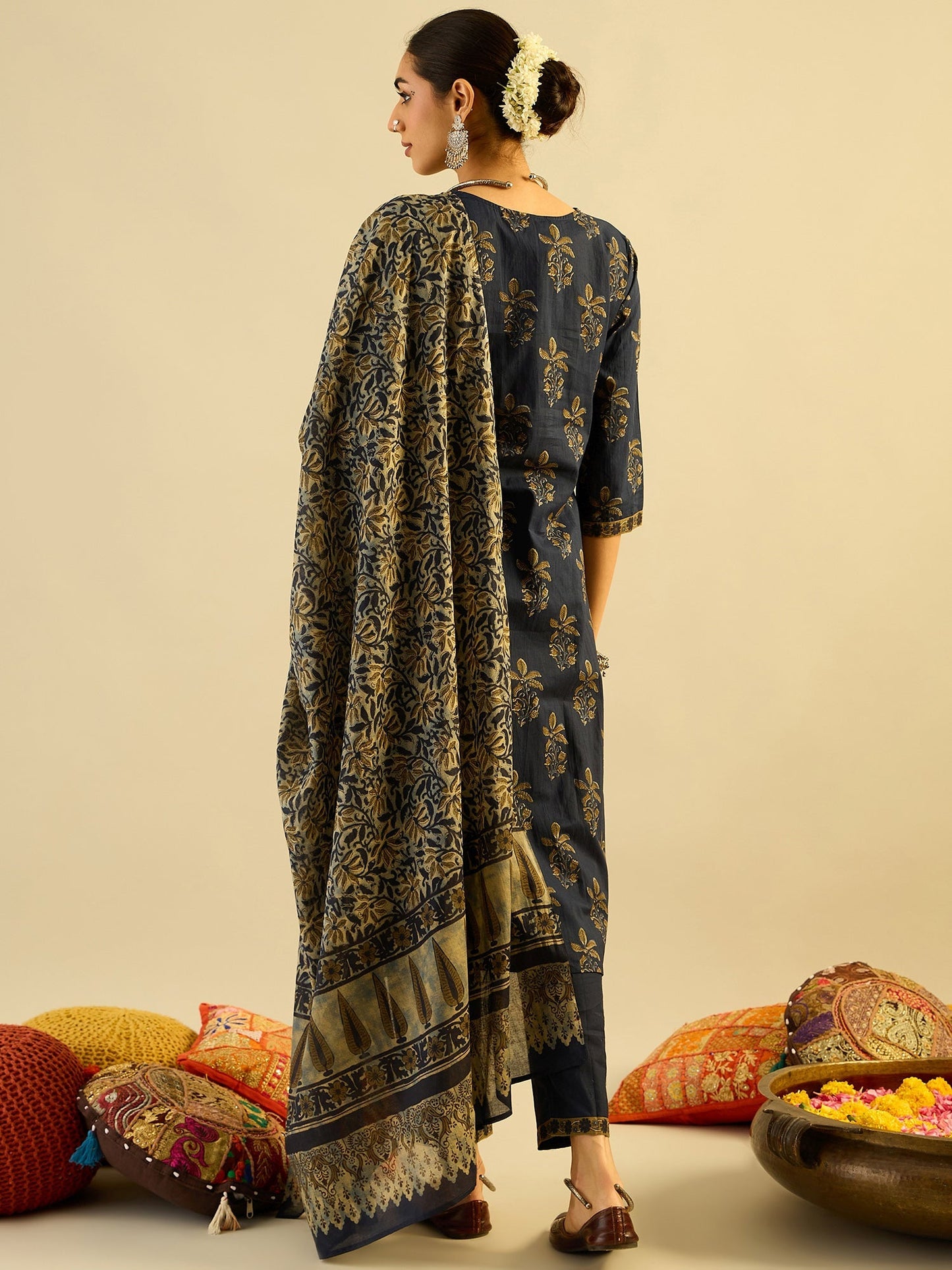 Indo Era Blue Printed Straight Kurta Trousers With Dupatta set