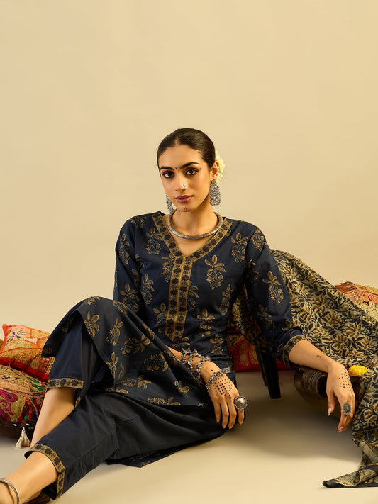 Indo Era Blue Printed Straight Kurta Trousers With Dupatta set