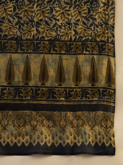Indo Era Blue Printed Straight Kurta Trousers With Dupatta set