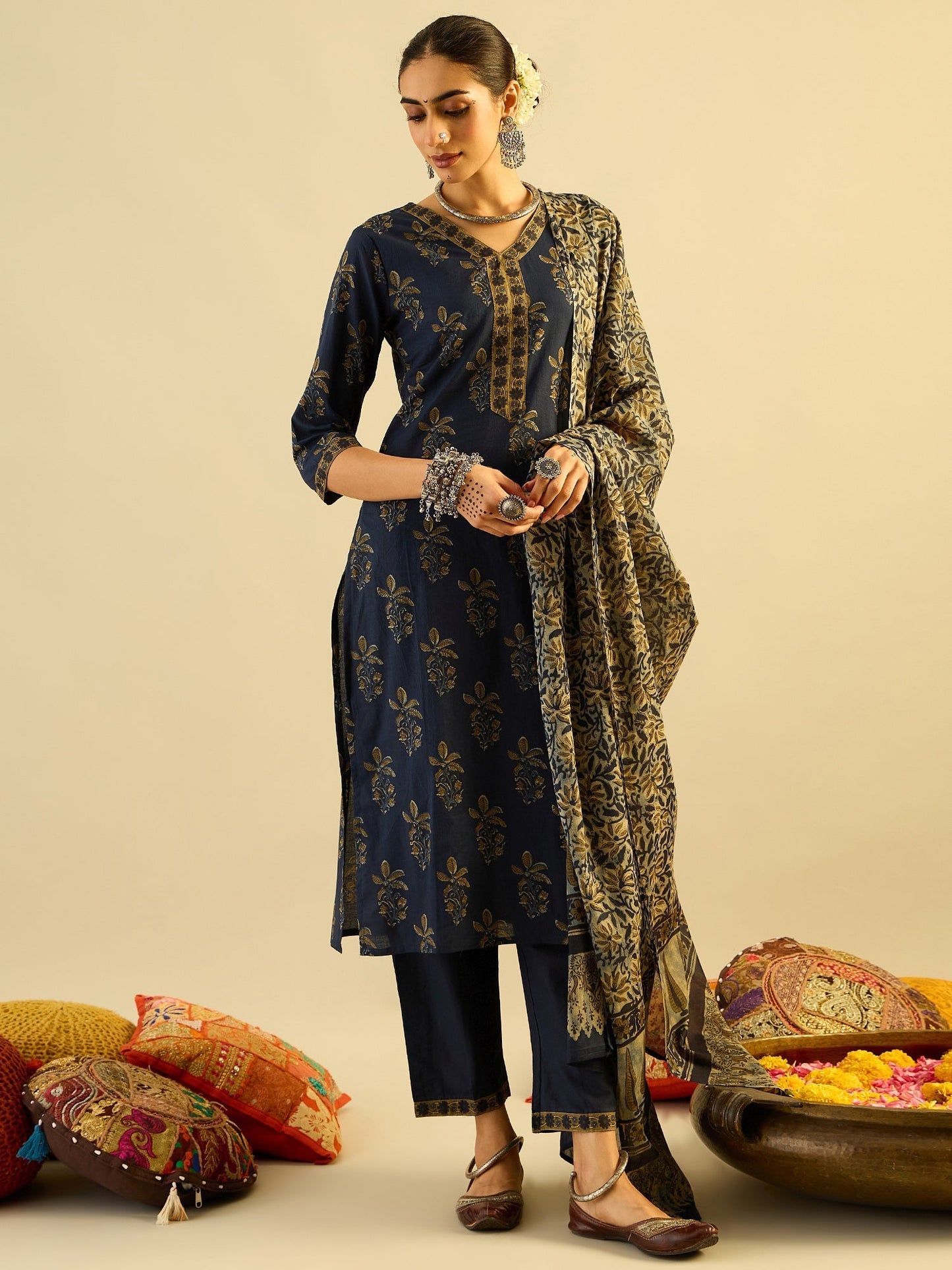 Indo Era Blue Printed Straight Kurta Trousers With Dupatta set