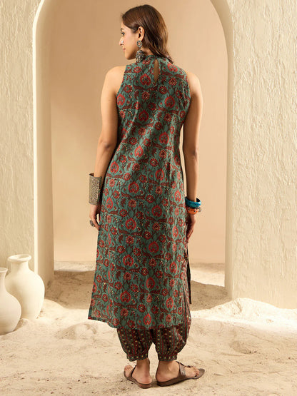 Teal Printed Straight Kurta Salwar set