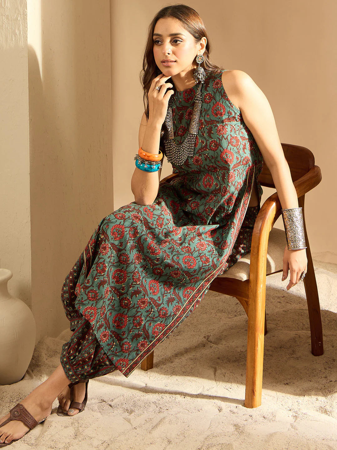 Teal Printed Straight Kurta Salwar set