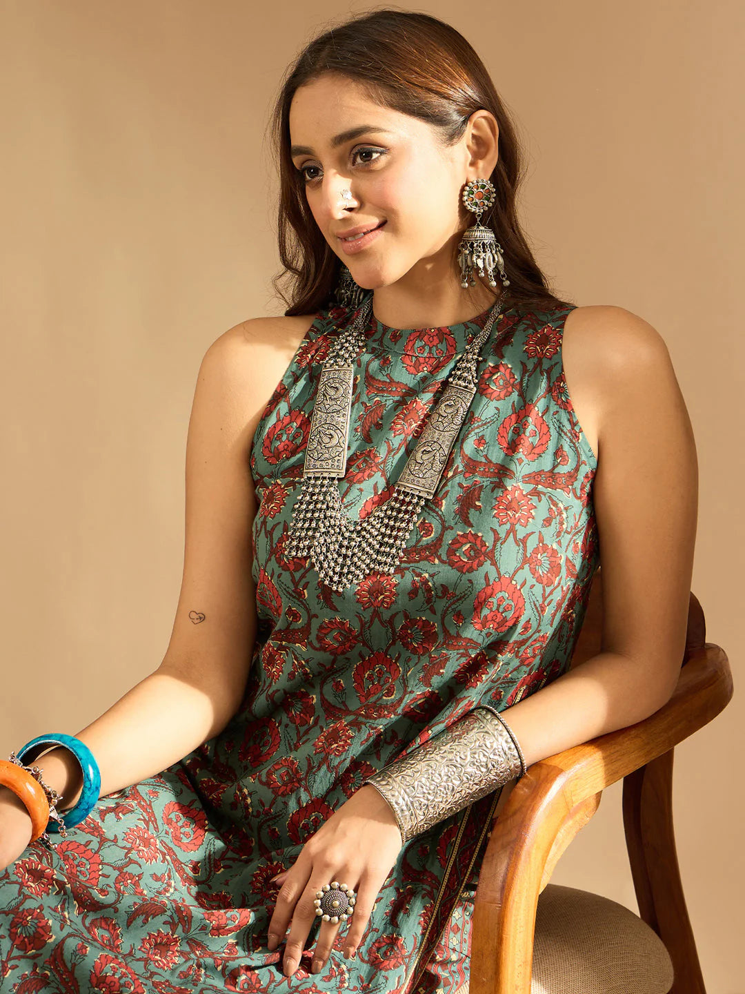 Teal Printed Straight Kurta Salwar set