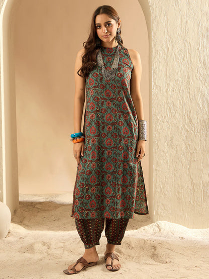 Teal Printed Straight Kurta Salwar set