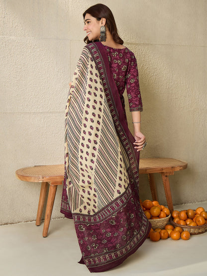 Indo Era Burgundy Printed Straight Kurta Salwar With Dupatta set