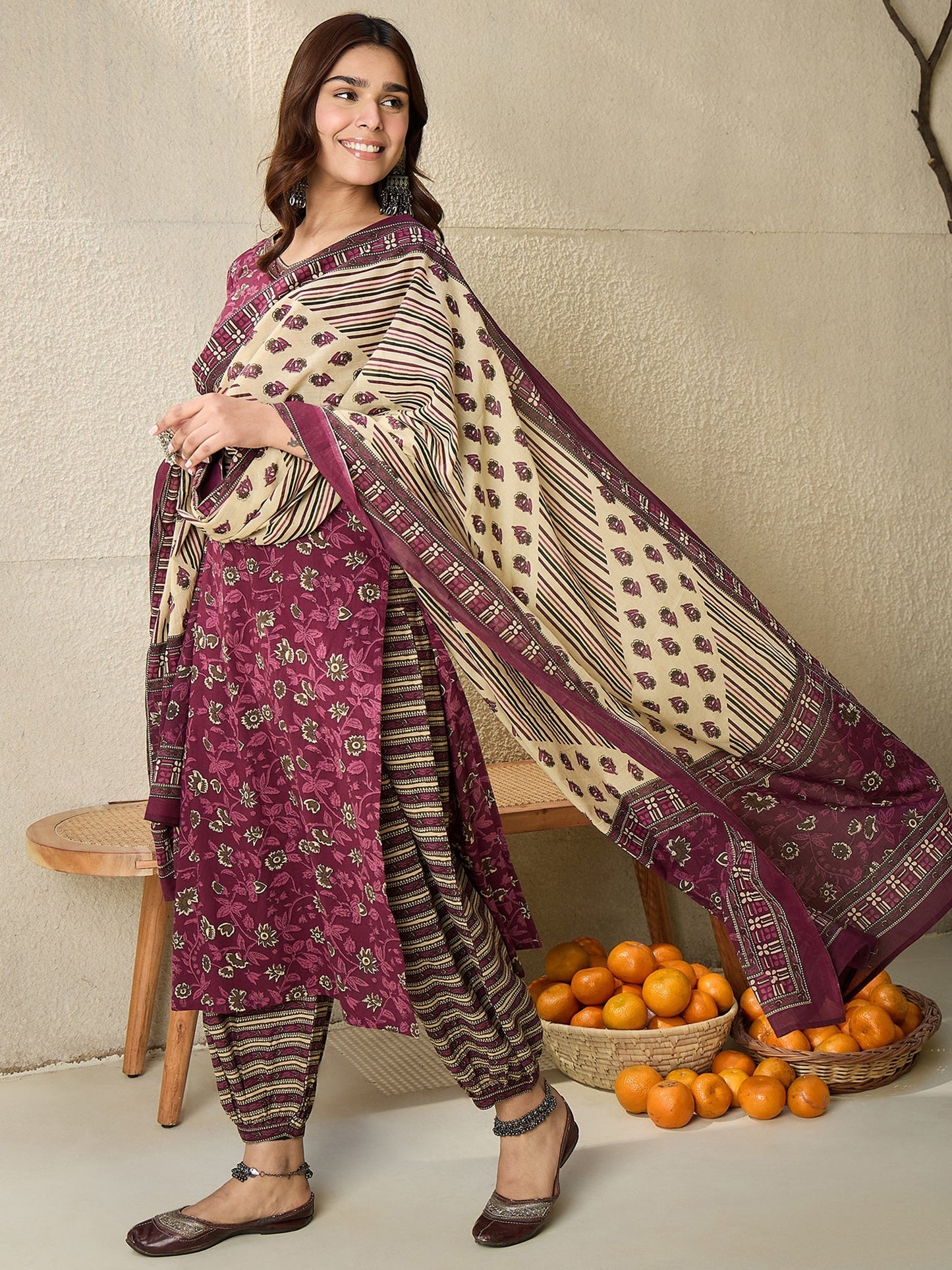 Indo Era Burgundy Printed Straight Kurta Salwar With Dupatta set