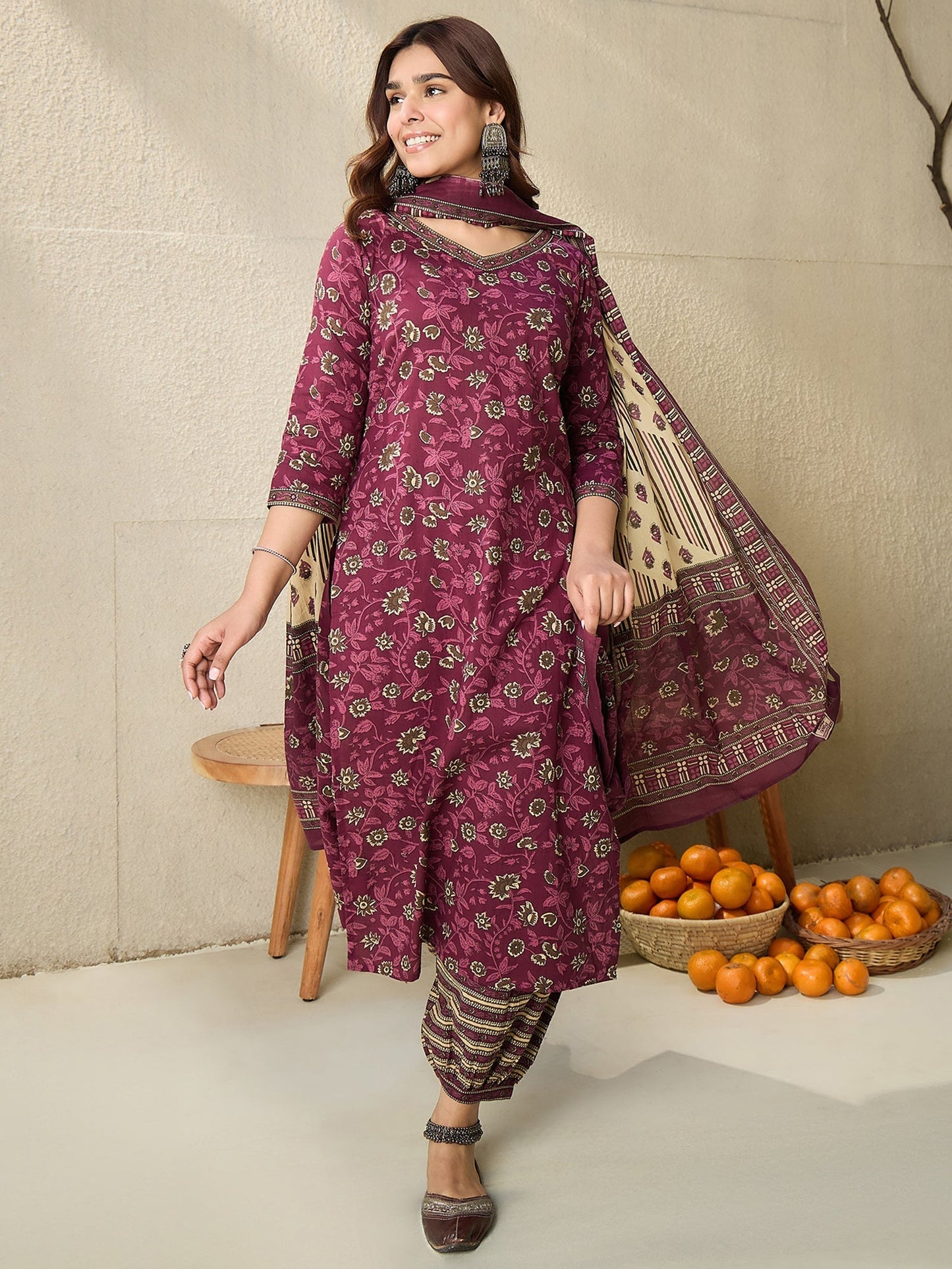 Indo Era Burgundy Printed Straight Kurta Salwar With Dupatta set