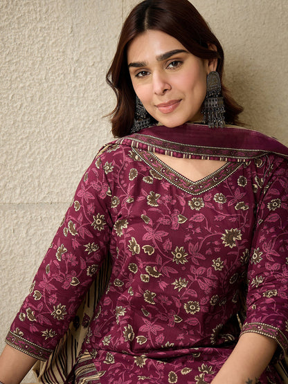 Indo Era Burgundy Printed Straight Kurta Salwar With Dupatta set