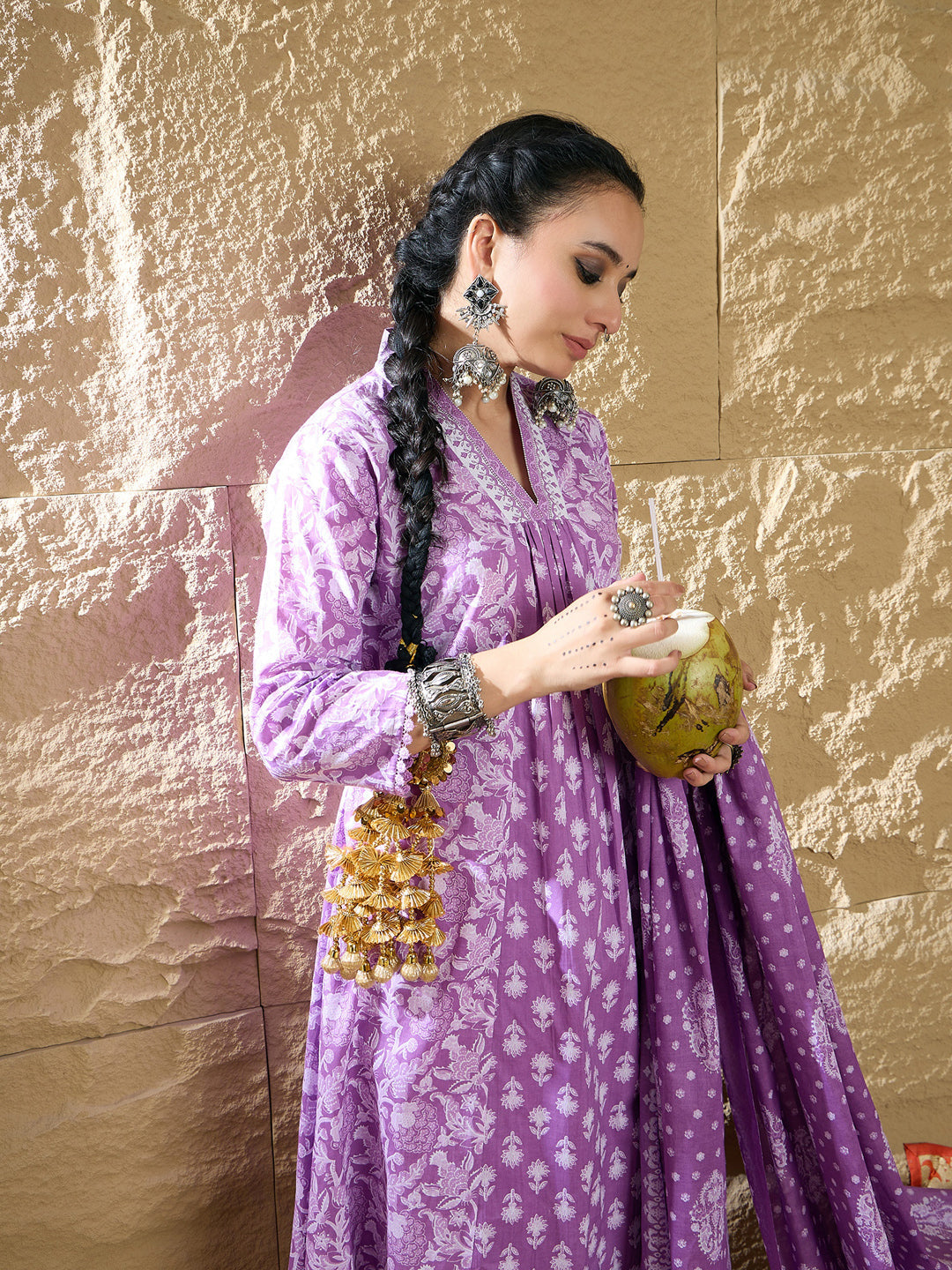 Indo Era Lavender Printed A-Line Kurta Trousers With Dupatta set