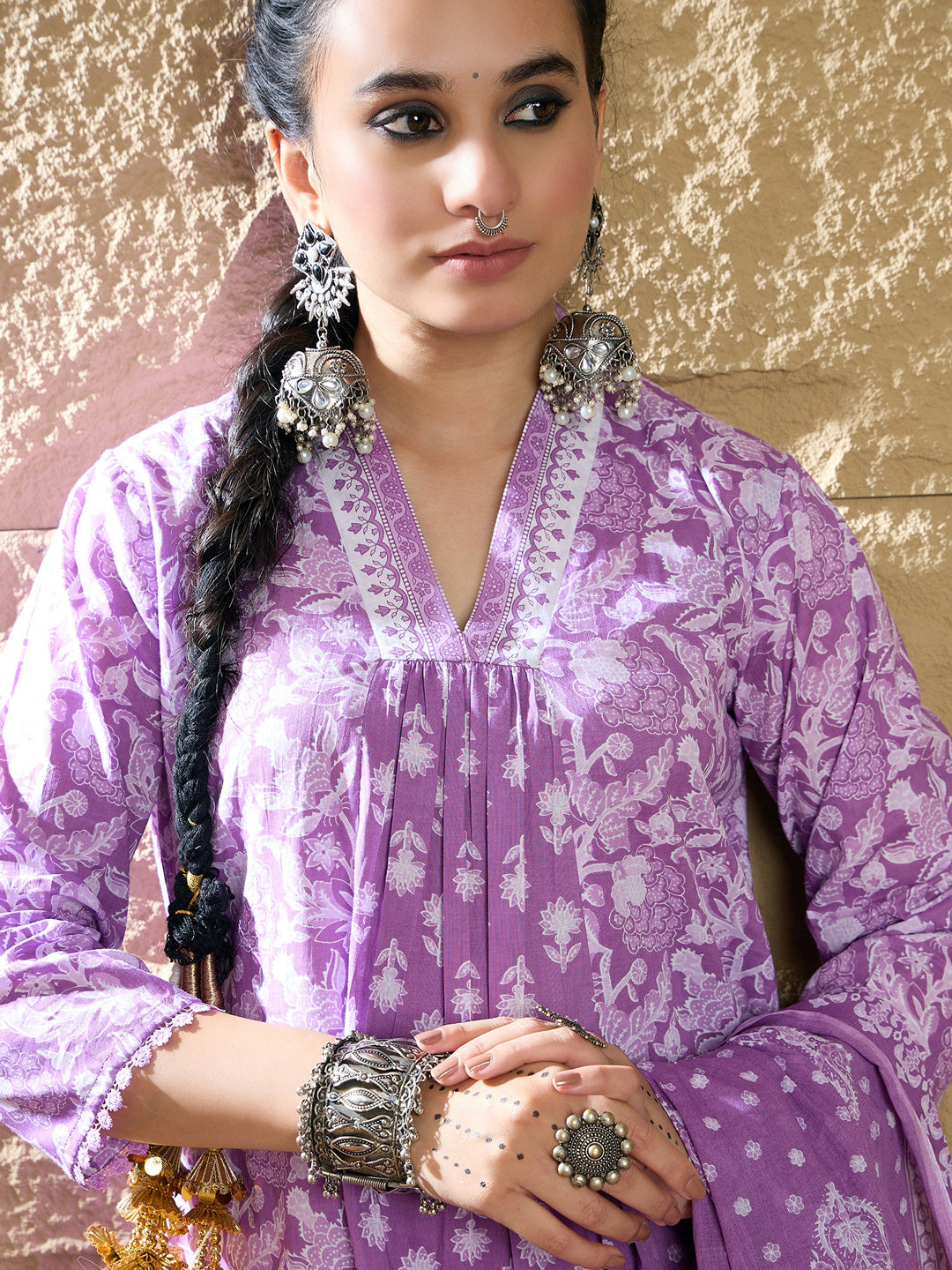 Indo Era Lavender Printed A-Line Kurta Trousers With Dupatta set