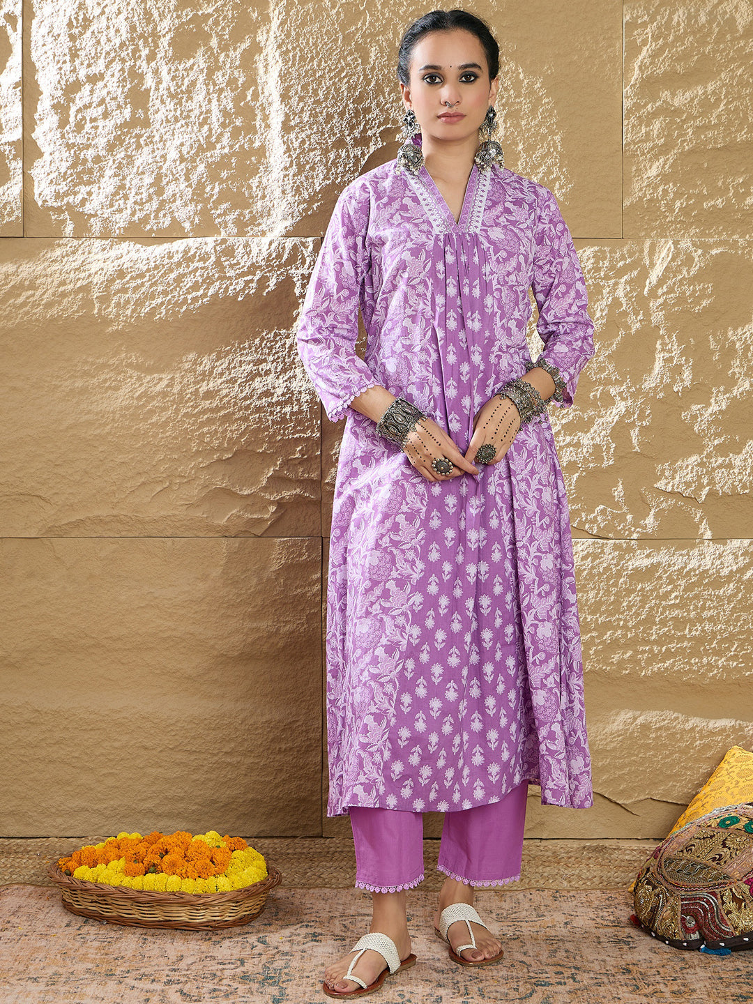 Indo Era Lavender Printed A-Line Kurta Trousers With Dupatta set
