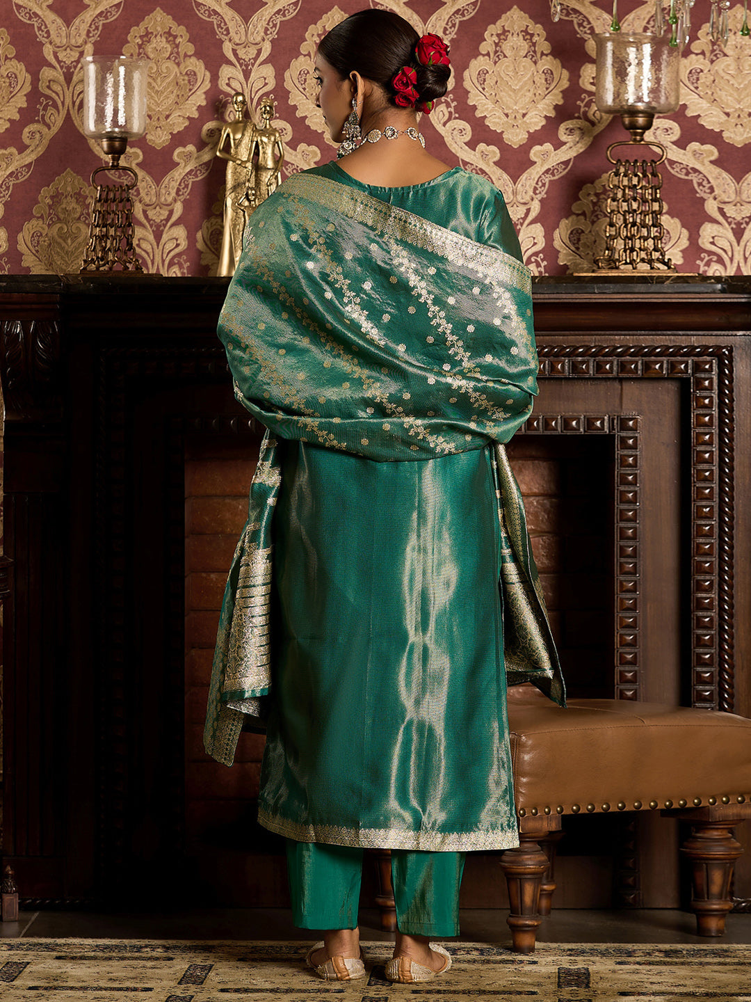 Indo Era Green  Straight Kurta Trousers With Dupatta Set