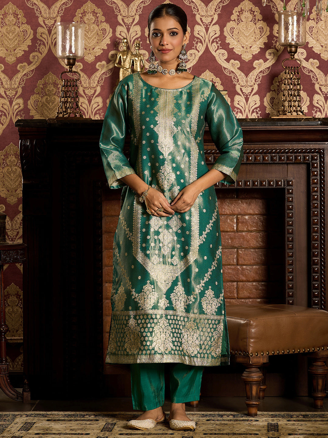 Indo Era Green  Straight Kurta Trousers With Dupatta Set