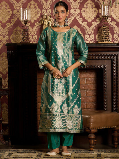 Indo Era Green  Straight Kurta Trousers With Dupatta Set