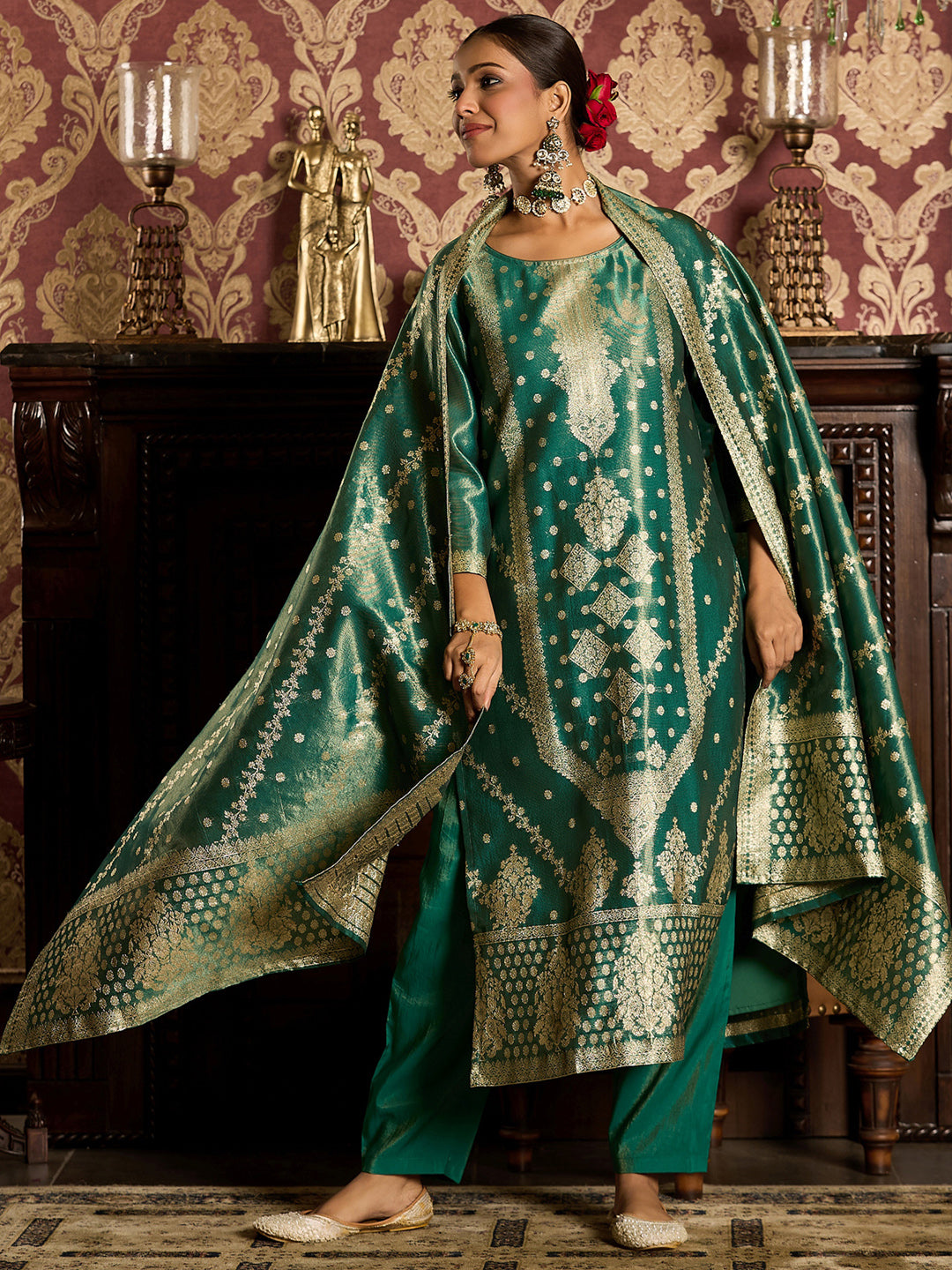 Indo Era Green  Straight Kurta Trousers With Dupatta Set