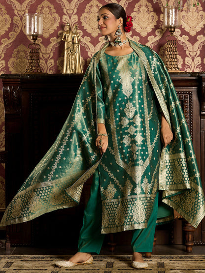 Indo Era Green  Straight Kurta Trousers With Dupatta Set
