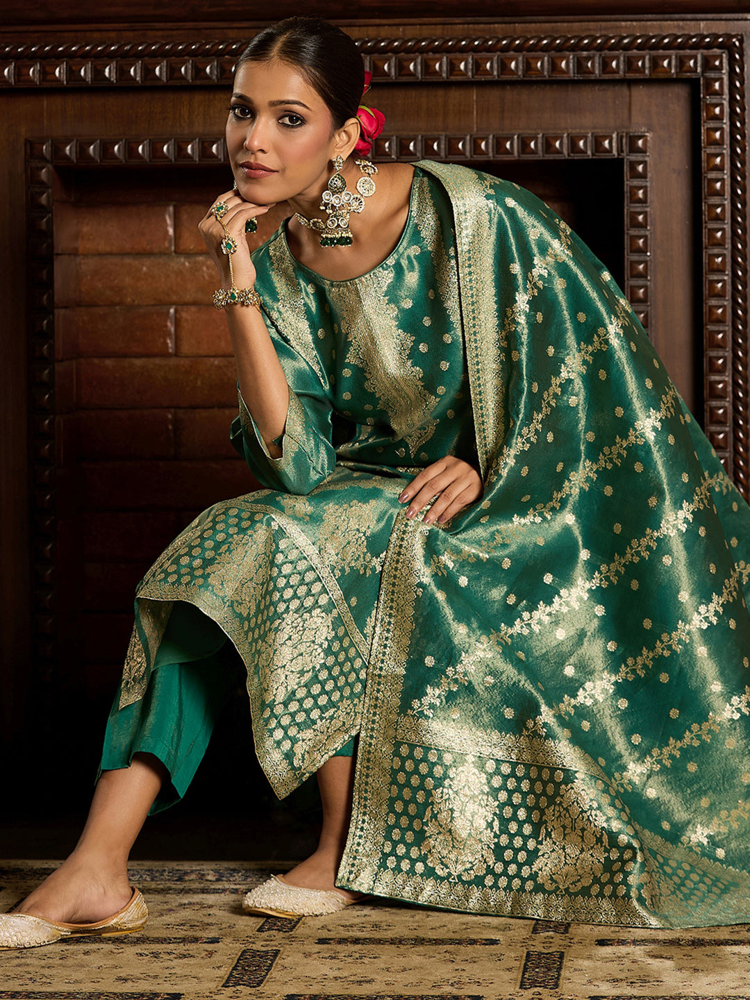 Indo Era Green  Straight Kurta Trousers With Dupatta Set