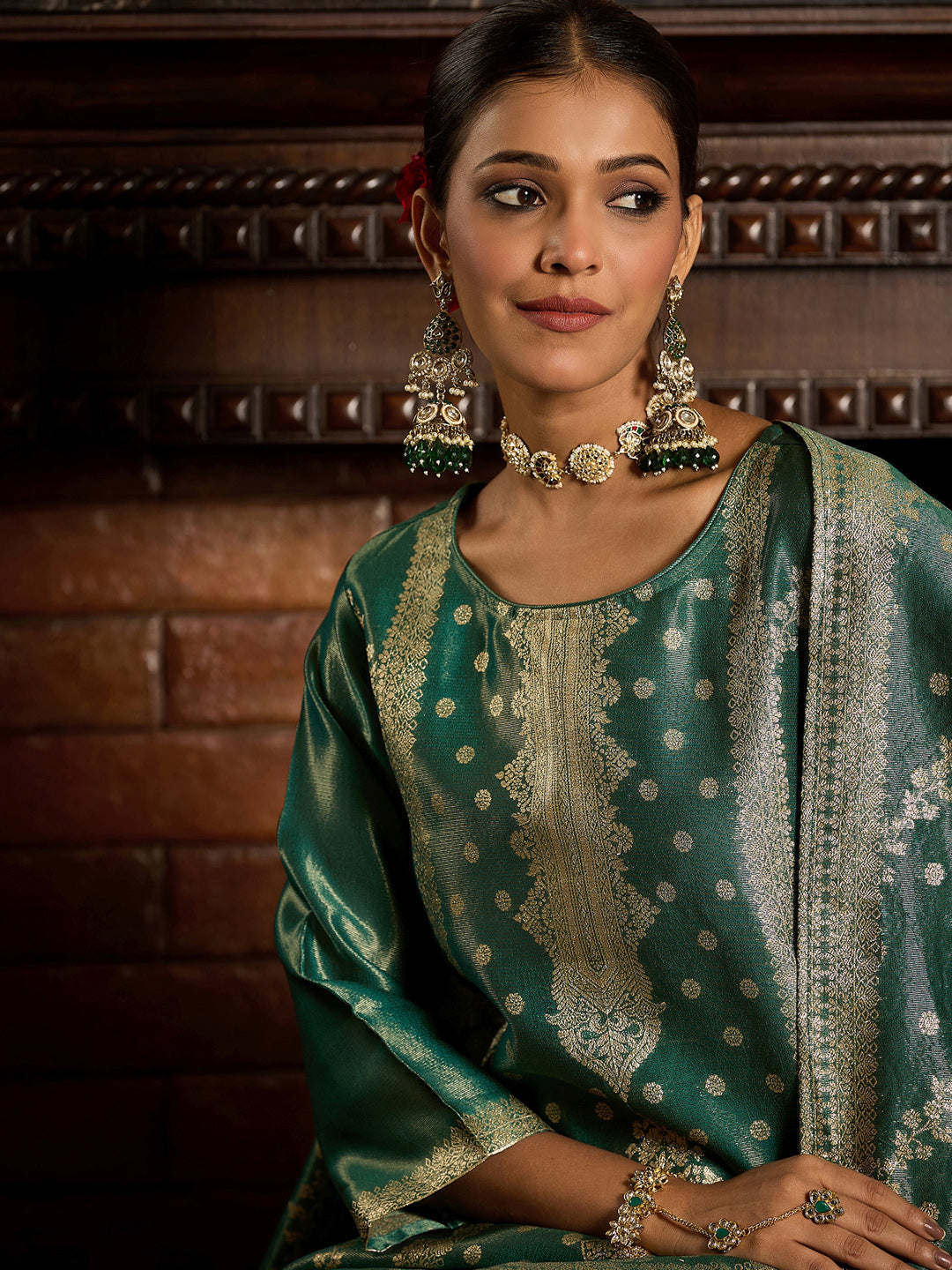 Indo Era Green  Straight Kurta Trousers With Dupatta Set