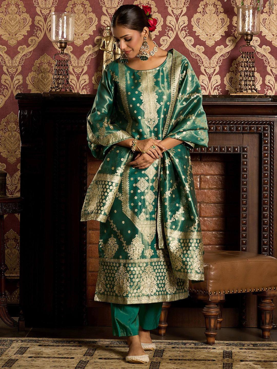 Indo Era Green  Straight Kurta Trousers With Dupatta Set