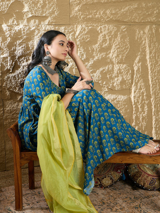 Indo Era Blue Embroidered A-Line Kurta Trousers With Dupatta set