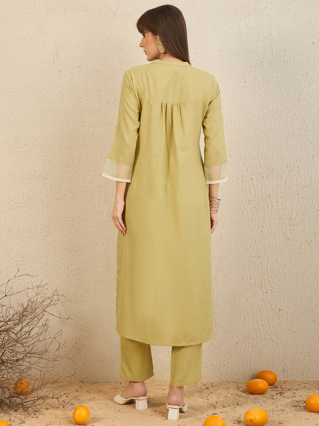 Indo Era Green Self Design Straight Kurta Trousers  Set