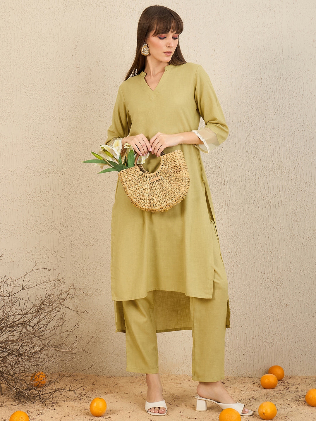 Indo Era Green Self Design Straight Kurta Trousers  Set