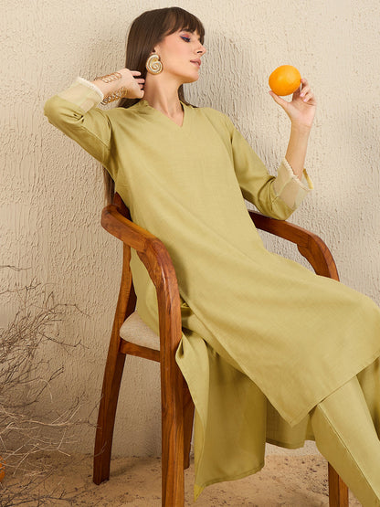 Indo Era Green Self Design Straight Kurta Trousers  Set