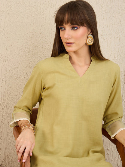 Indo Era Green Self Design Straight Kurta Trousers  Set