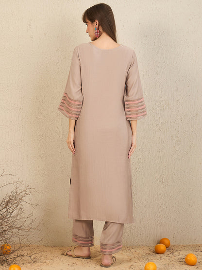 Indo Era Brown Self Design Straight Kurta Trousers  Set