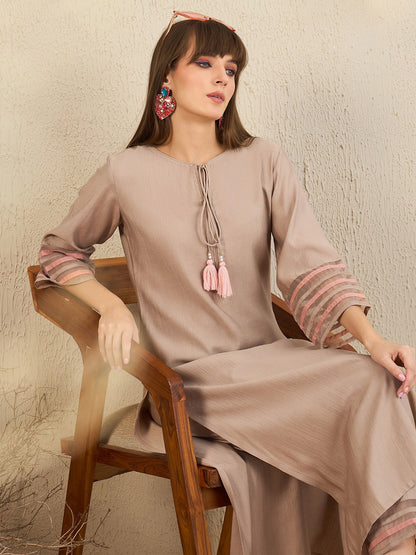 Indo Era Brown Self Design Straight Kurta Trousers  Set