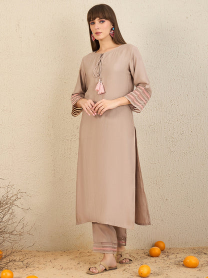 Indo Era Brown Self Design Straight Kurta Trousers  Set