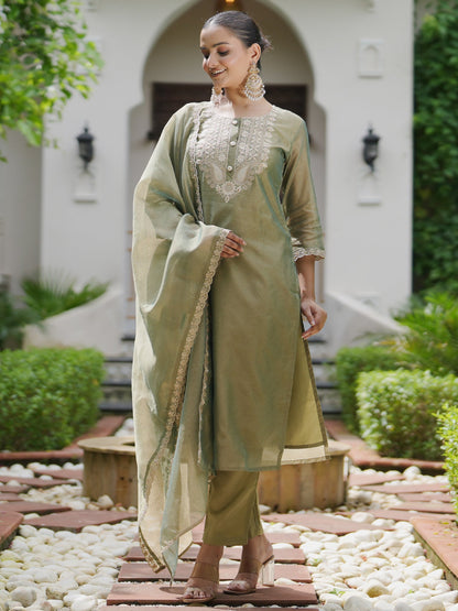 Indo Era Green Embroidered Straight Kurta Trousers With Dupatta set
