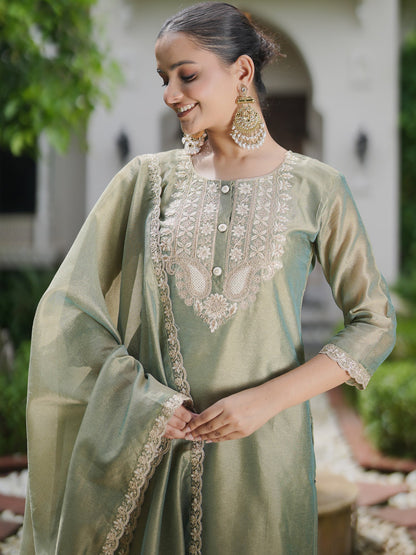 Indo Era Green Embroidered Straight Kurta Trousers With Dupatta set