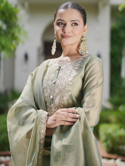 Indo Era Green Embroidered Straight Kurta Trousers With Dupatta set