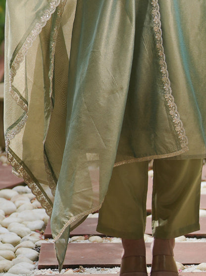 Indo Era Green Embroidered Straight Kurta Trousers With Dupatta set