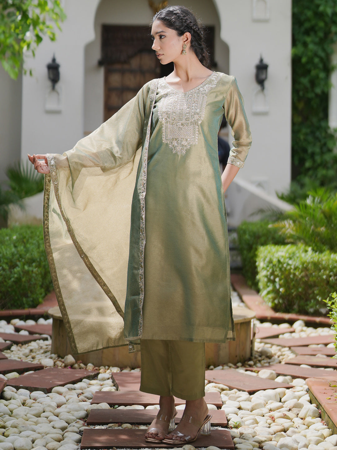 Indo Era Green Embroidered Straight Kurta Trousers With Dupatta set