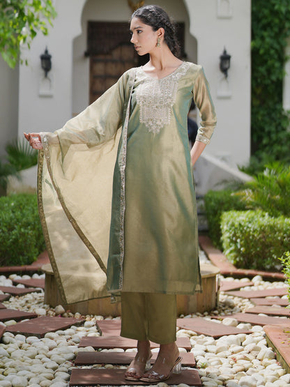 Indo Era Green Embroidered Straight Kurta Trousers With Dupatta set