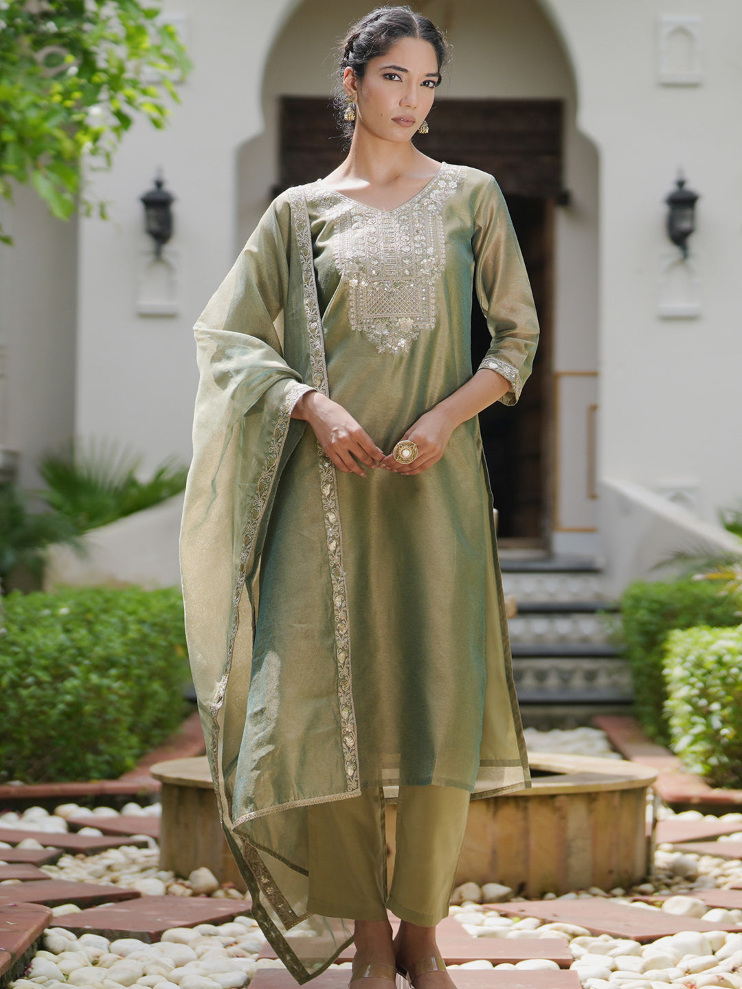 Indo Era Green Embroidered Straight Kurta Trousers With Dupatta set