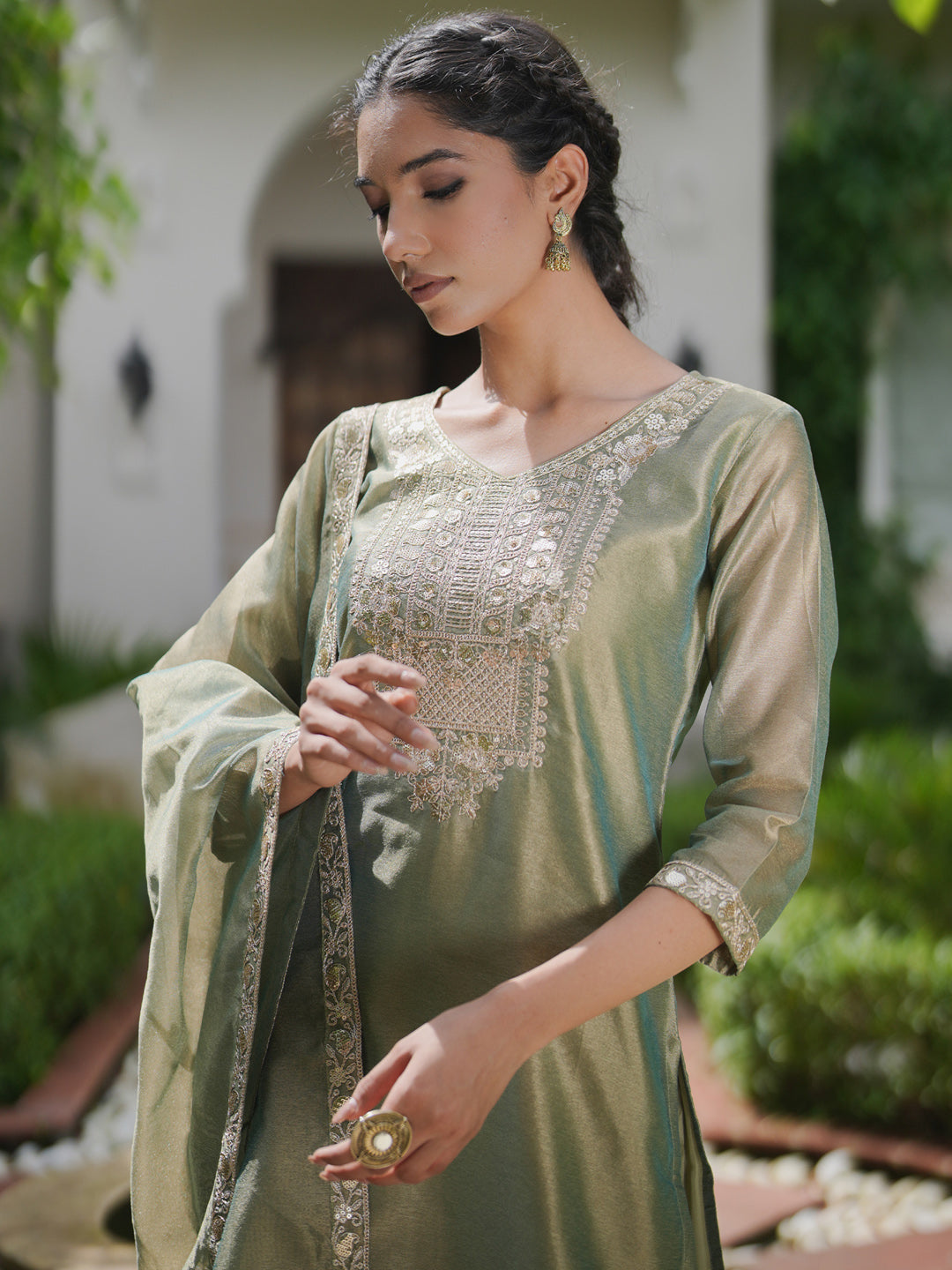 Indo Era Green Embroidered Straight Kurta Trousers With Dupatta set