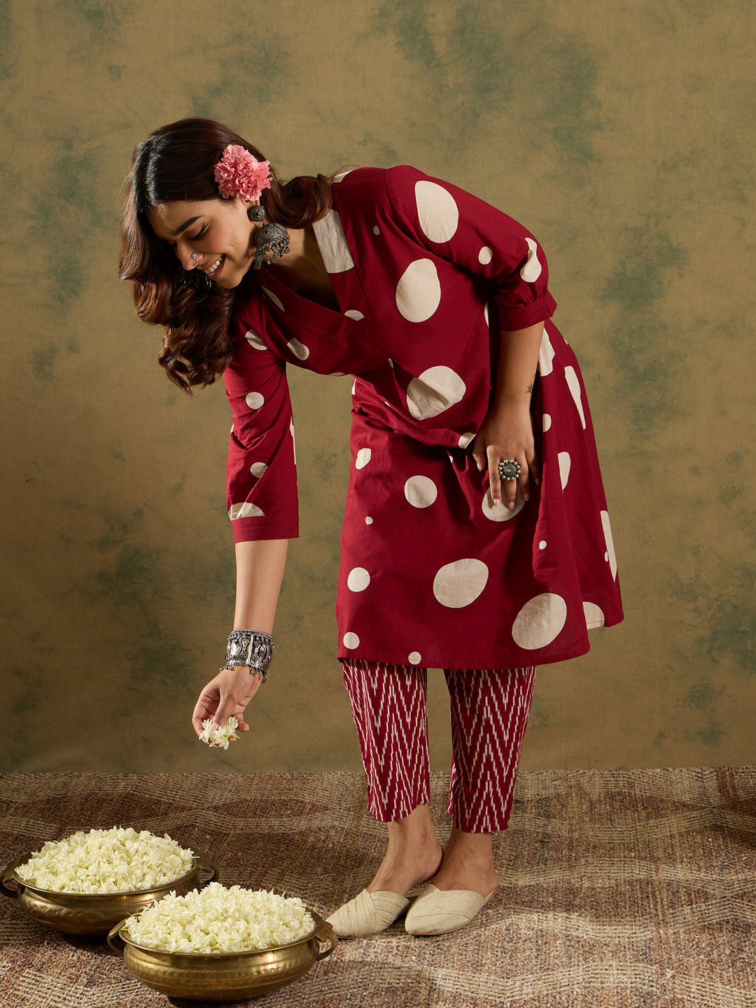 Maroon Printed A-Line Kurta Trousers set