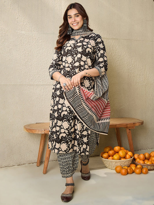 Indo Era Black Printed Straight Kurta Salwar With Dupatta set