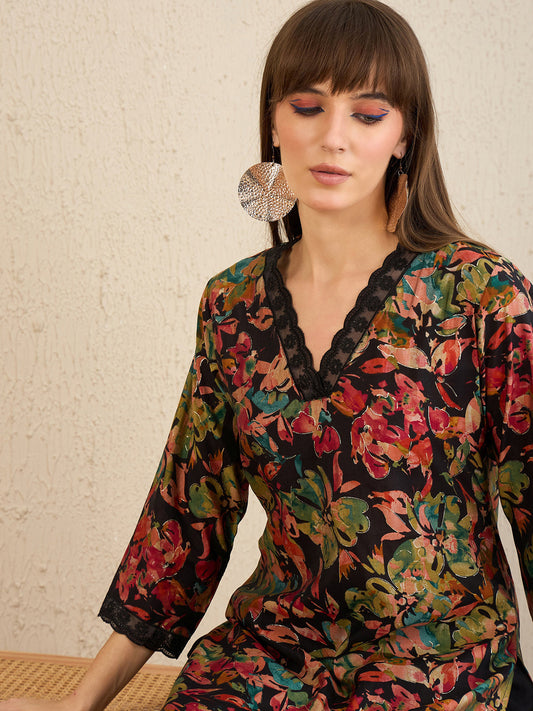 Indo Era Black Printed Straight Kurta Trousers Set