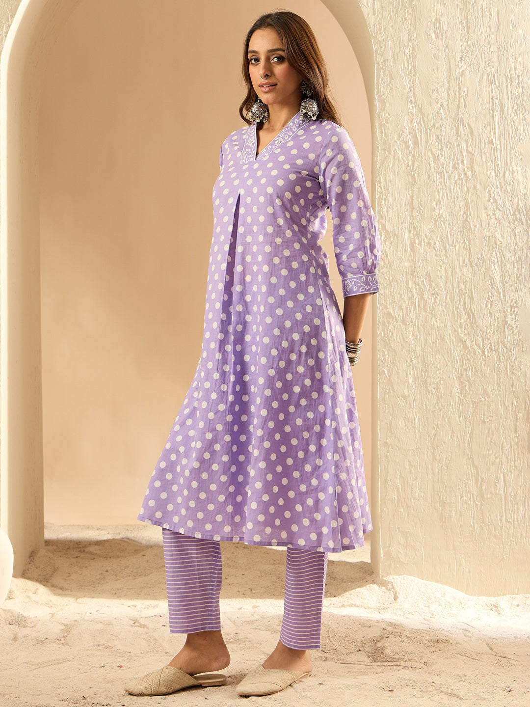 Indo Era Lavender Printed A-Line Kurta Trousers  set