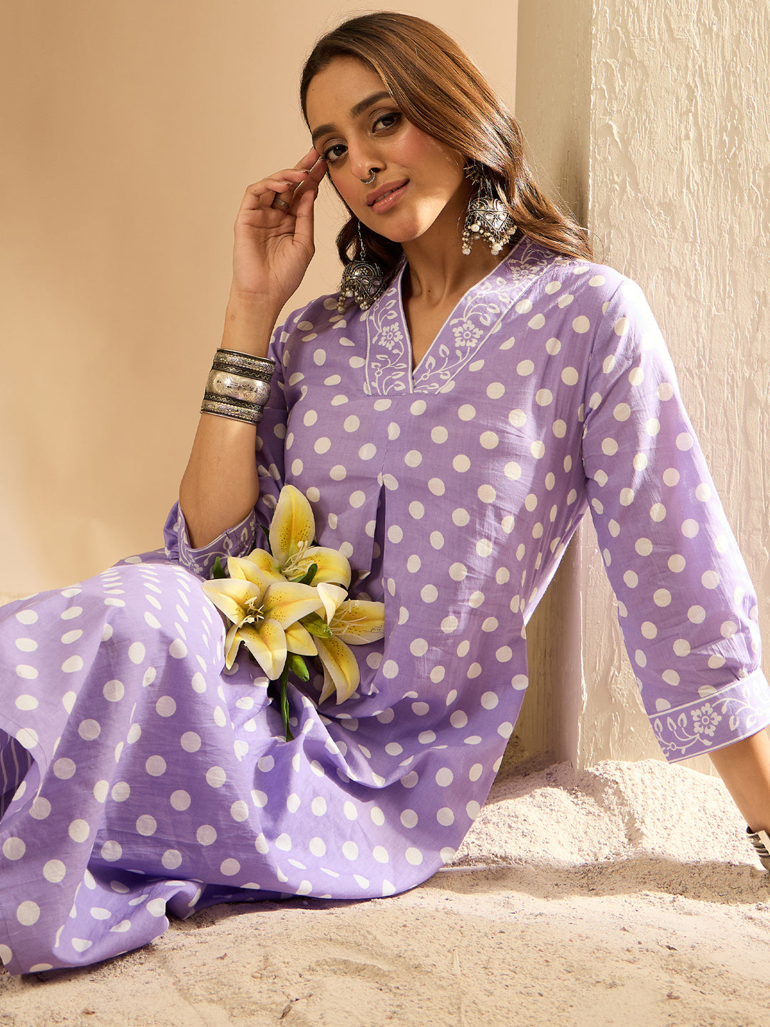 Indo Era Lavender Printed A-Line Kurta Trousers  set